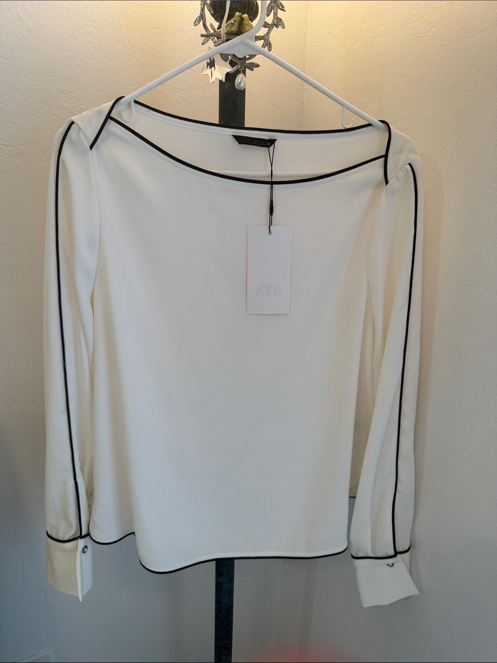 Zara White Blouse with Black Piping Trim